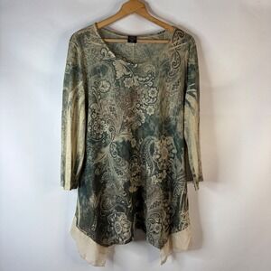 Cal Style Tunic Top Women 2XL Green Paisley Rhinestone Sharkbite Hem Boho